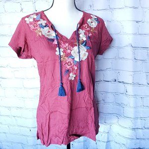 Panhandle Peasant Top, Multi color, Floral Embroidery, Vneck, Twisted Rope